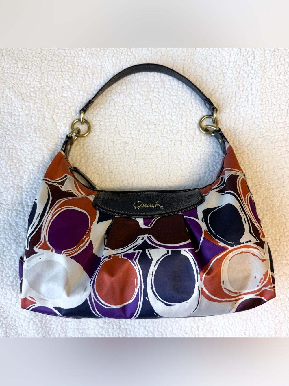 Coach Ashley Satin Scarf Logo Print Hobo Shoulder Bag w Patent Leather 20063 GUC